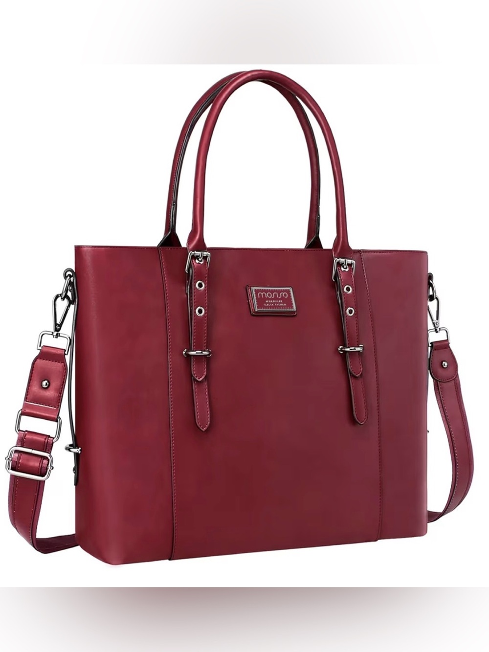 Mosiso Burgundy Red Tote with Detachable Strap & Zip Closure Laptop Compartment